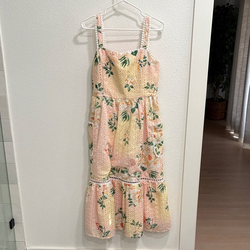 Sleeveless Pink Floral Eyelet Midi Dress